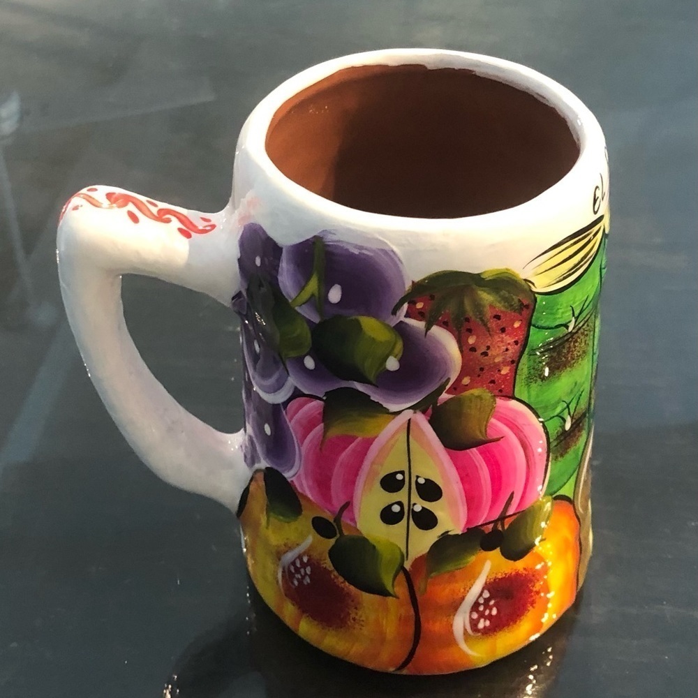 Mexican Pottery Colorful Fruit Hand Painted Mug Tankard Cheerful 12 Ounces